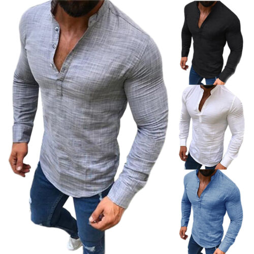 Mens Linen V Neck Slim Fit Henley T-shirt Tops Long Sleeve Casual Shirts Blouse