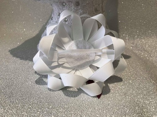 Handmade white//burgundy criss-cross large Romany hair bows with flower centre