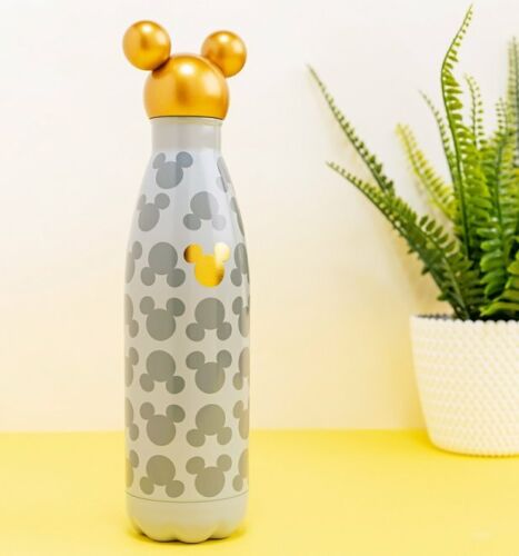 Official Disney Mickey Mouse Metal Water Bottle With Gold Mickey Head Lid from F 
