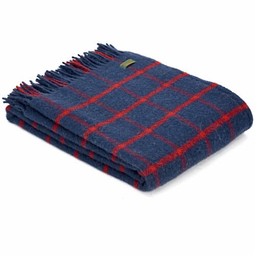 TWEEDMILL TEXTILES 100% Wool Sofa Bed Blanket Throw CHEQUERED CHECK NAVY/RED 