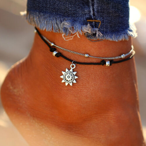 Women Double-layer Ankle Bracelet Bohemian Sun Anklet Chain Foot Jewelry G 