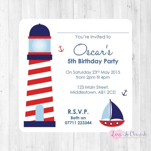 Personalised INVITATIONS-Lighthouse Nautical Theme -Boy&#039;s Birthday Party INVITES