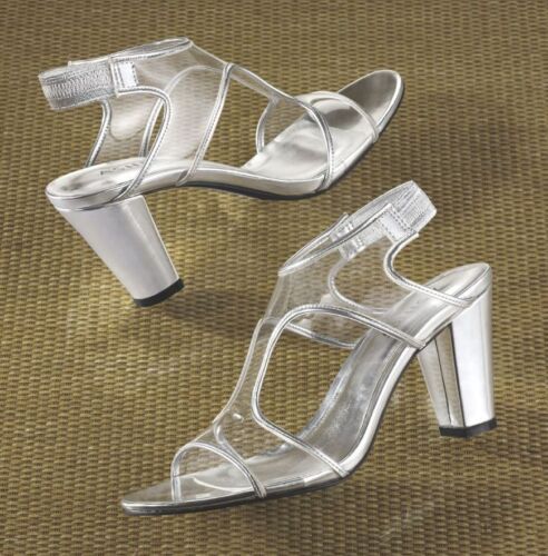 Ashro Summer Silver Alder Lucite Shoes Heels Dress Sandals Size 7 7.5 8 8.5 M 