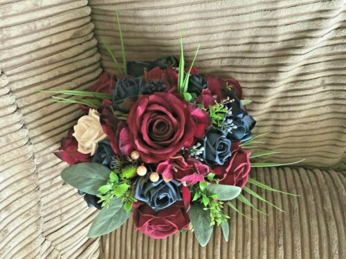 Sm Bridal Posy Bouquet in Navy Blue &  Burgundy Roses With Thistles & Berries 