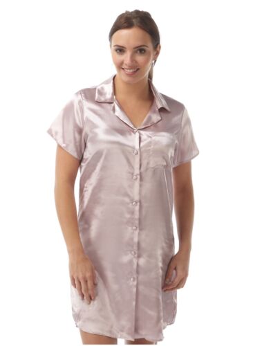 Damen Rosa kein Muster Satin Nachthemd Knopfleiste Hemdchen Hemd Kurzärmelig