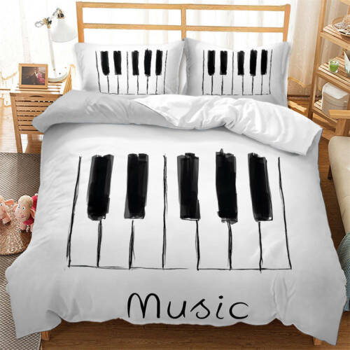 Music Black White Piano Keys 3D Quilt Duvet Doona Cover Set Pillow case Print 