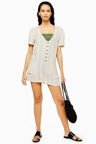 Topshop Lightweight Cream Grey Striped Button Front Playsuit Romper UK S RRP £26
