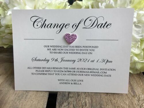 Change of Date Venue Wedding Postponed Wedding Invitation 3d glitter heart