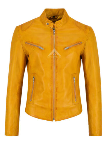 SPEED Ladies Leather Jacket Yellow Soft Light Leather Classic Biker Style SR-01 