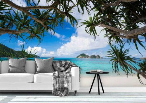 3D Blue Sea Sky Beach Tree Scenery Self-adhesive Removable Wallpaper Murals Wall