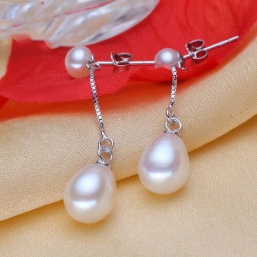 Dangling Drop Silver 925 Earrings 4 color choices Natural Freshwater 9mm Pearl