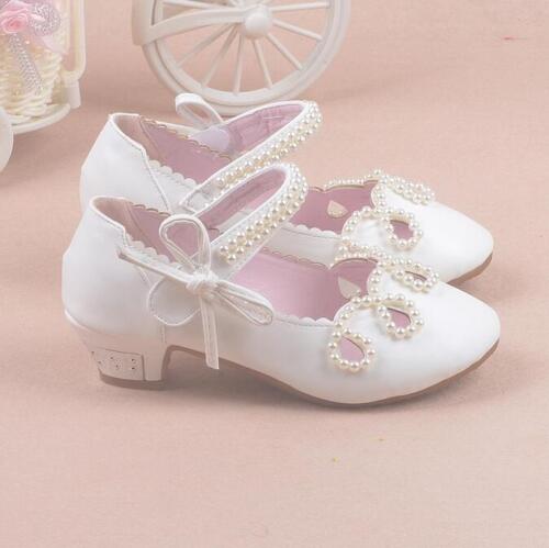 Kids Girls Glitter Cute Pearl Bowknot Princess High Heel Flower Sandals Shoes sz 