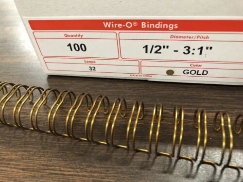 Box of 100 Wire-O Bindings Gold 1/2” 3:1 32 Loops NIB JBI Spiral Binding