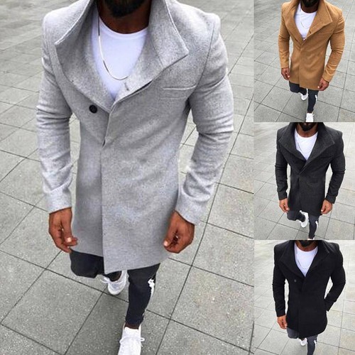 UK Mens Collared Button Peacoat Winter Slim Fit Long Trench Coat Jacket Overcoat