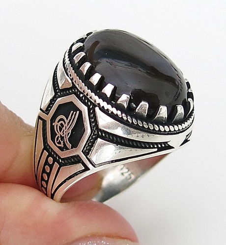 Details about / Handmade 925 Sterling Silver Arabic Calligraphy Black Agate Stone Men/'s Ring