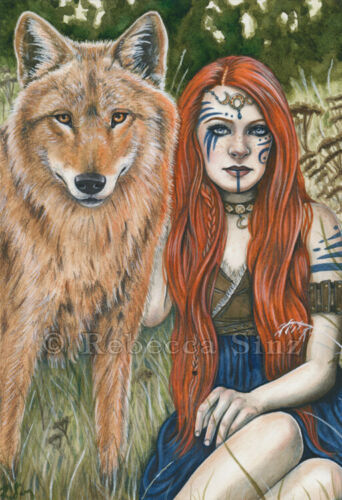 Fantasy Art PRINT Wolf Shaman Woman Red Hair Celtic Nature Animal Kindred