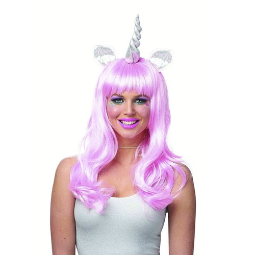 Womens Pink Silver Magical Unicorn Pony Horn Costume Long Wig DIY Festival Group