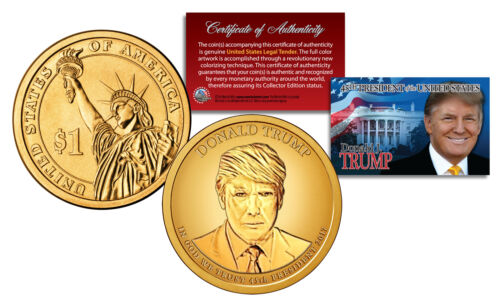 DONALD J TRUMP 45th President Golden-Hue PRESIDENTIAL DOLLAR $1 US Coin with COA