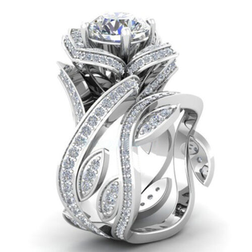 or Fleur de Lotus Blanc Topaz Ring Set de mariage bijoux Fashion Femmes 925 Argent 