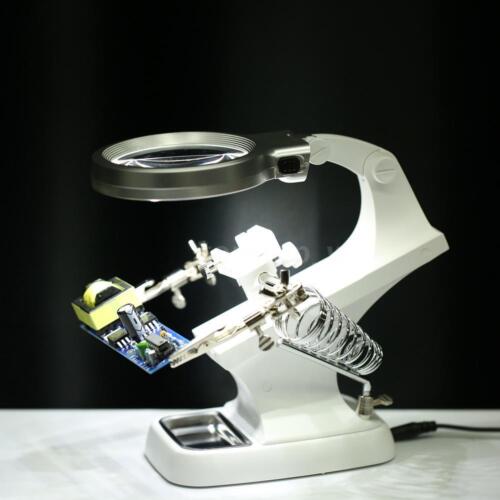 LED Helping Hand Clamp Magnifying Glass Soldering Iron Stand Lens Magnifier Tool