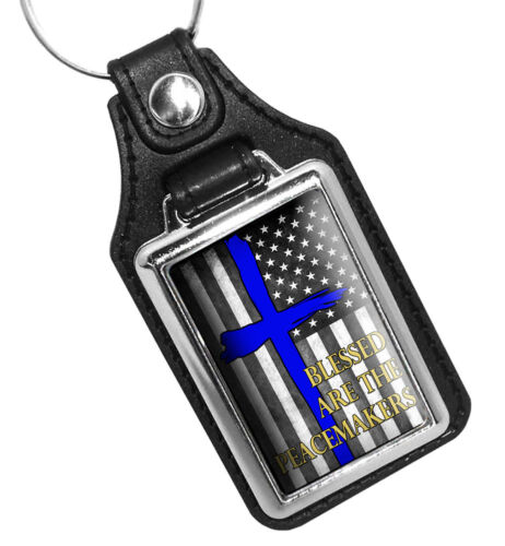 Thin Blue Line Flag Blessed Are The Peacemakers Cross Faux Leather Key Ring 