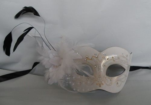 *NEW* White Leatherette Venetian Masquerade Party Mask With Feathers