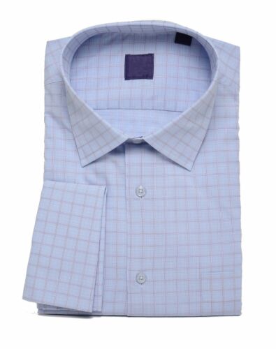 Mens 16.5 36//37 Light Blue With White /& Pink Plaid French Cuff Cotton Dress S...
