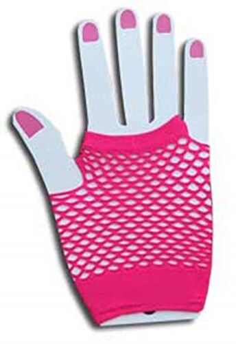 Neon Colours Short Fishnet Fancy Dress Fingerless Gloves HOT PINK 80s Dance Wear 