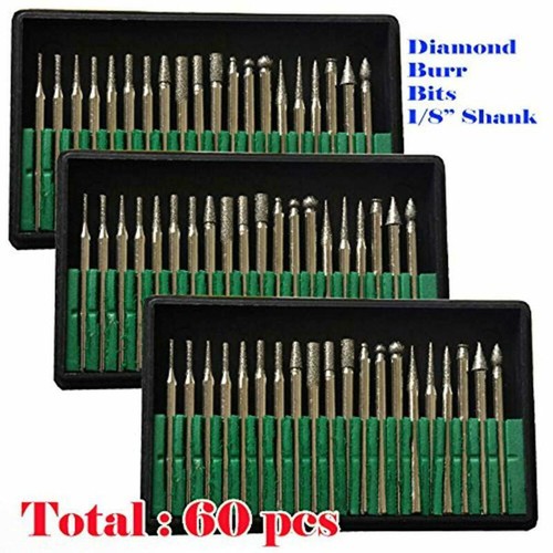 3 Set 60 Pcs Diamond Burr Bits Drill Rotary Multi Tool Accessories Kit Grinding