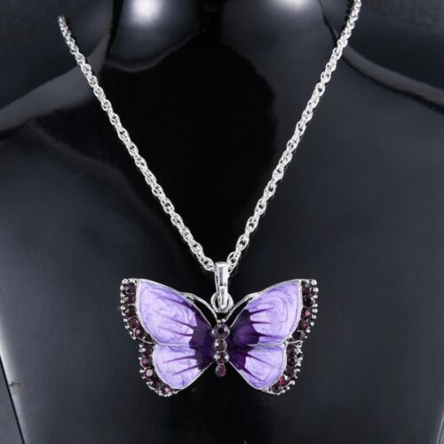 New Women Jewelry Enamel Butterfly Crystal Silver Pendant Necklace Fashion Chain 