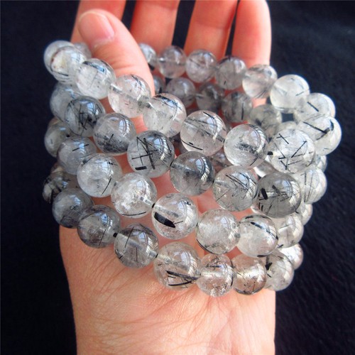 100/% Naturel Cheveux Noir Tourmaline Rutilated Quartz Cristal Bracelet 10-11 mm
