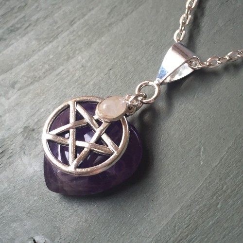 Rainbow Moonstone Pentagram Pendant Wicca Pagan THIRD EYE Chakra Amethyst Heart