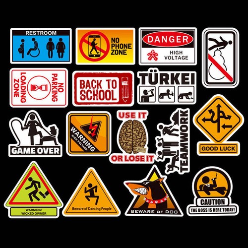 50Pcs//set Warning Sign Stickers For Skateboard Luggage Laptop Phone Car Decal