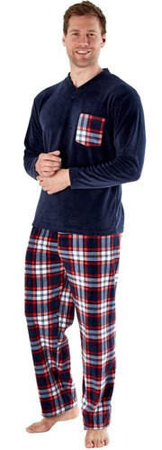 Mens Fleece Pyjamas Set Night Suit Long Sleeve Night Loungewear Check Pjs