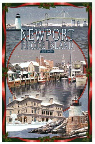 Bridge Lighthouse etc --- Modern Postcard Newport Rhode Island Montage Winter 