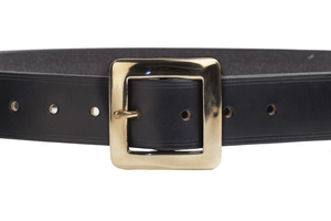 Black Bridle Leather Belt with 1.5 inch Square Buckle Brass or Nickel