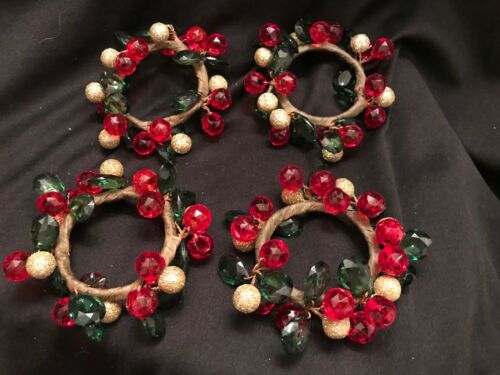 Napkin Ring Wired Cluster Set Red Green Jeweled Beads Gold Glitter Christmas NIB 