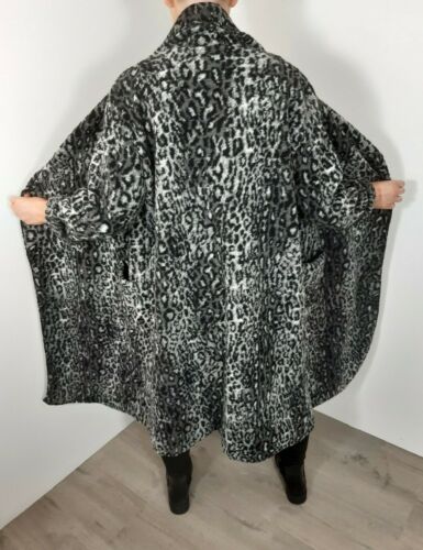 Lagenlook Coat Boiled Wool Leopard Waterfall Coat Shawl Collar Black Grey Long 