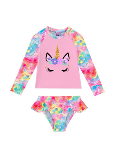 Kids Girls Two-pieces Long Sleeve Swimsuit Palm Printed Zippered Bathing Suits