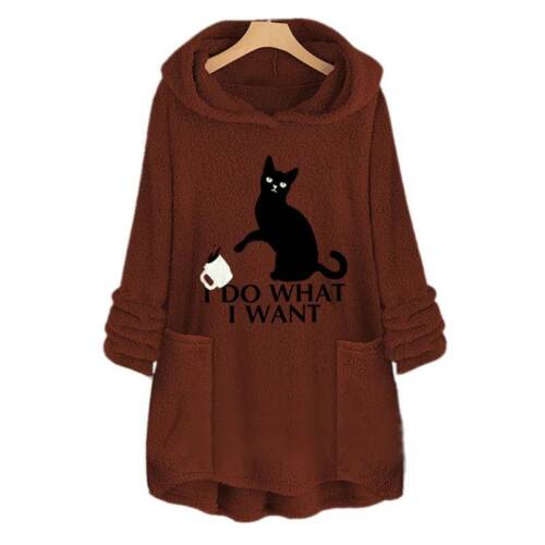 Womens Cat Printed Sweatshirt Jumper Fluffy Fur Hoodies Hoody Pullover Tops UK
