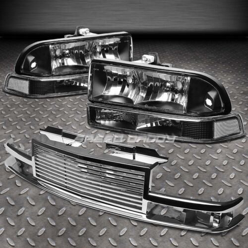 BLACK HOUSING CLEAR HEADLIGHT+SIGNAL+2PC CHROME FRONT GRILL FOR 98-04 S10//BLAZER