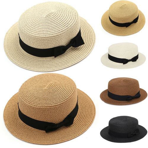 Women Ladies Summer Beach Bowler Straw Boater Sun Hat Round Flat Caps Wide Brim