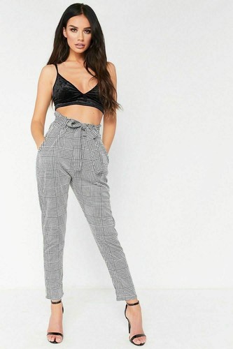 Womens High Waist Paper Bag Check Dogstooth Ladies Skinny Tartan Trousers Pants