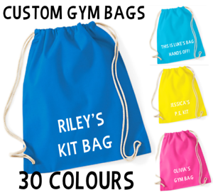 Personalised Cotton Drawstring Bag PE Gym Kit School P.E Kids Sport Rucksack