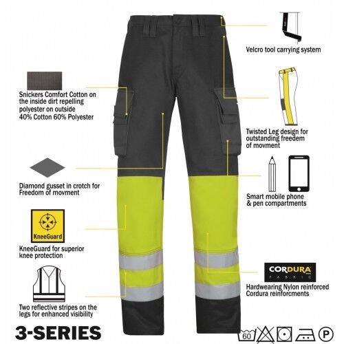 Snickers 3833 High Visibility Mens Work Trousers Snickers Direct Yellow Class 1 