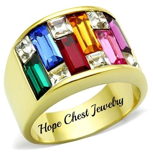 HCJ GOLD TONE STAINLESS STEEL MULTI-COLOR CRYSTAL FASHION RING BAND SZ 8 9 