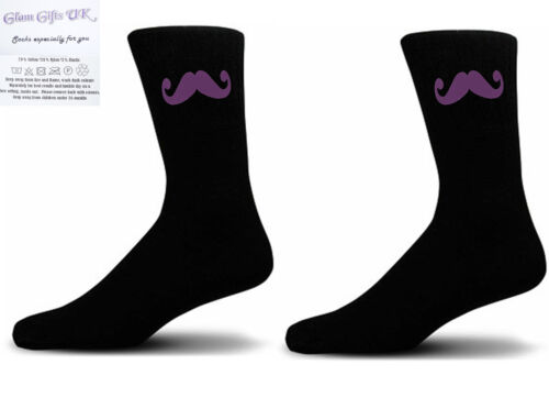 Great Novelty Gift Purple Handlebar Style Moustache on Black Socks 