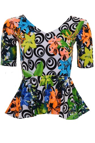 Ladies Short Sleeve V Neck Swirl Floral Print Women/'s Textured Peplum Frill Top
