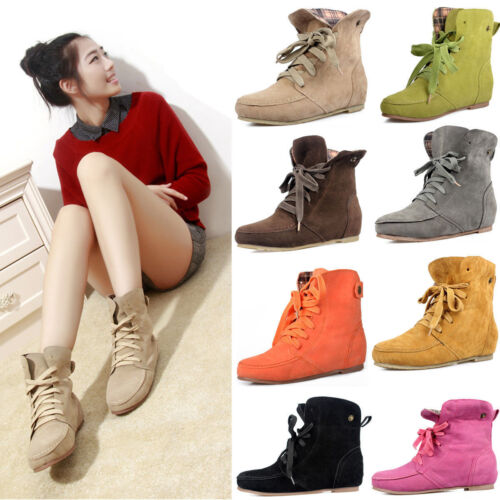 New Women Girls Ankle Martin Boots Flat Lace up short Suede Booties Autumn Shoes