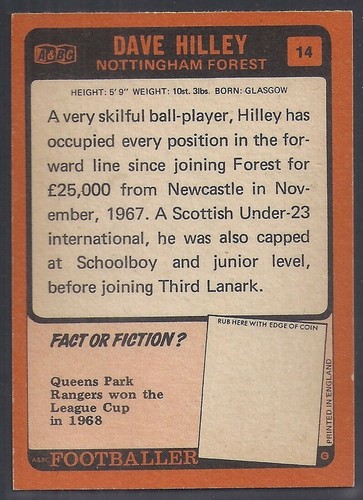 A/&BC-FOOTBALL 1970-#014- NOTTINGHAM FOREST ORANGE BACK 001-085 DAVE HILLEY